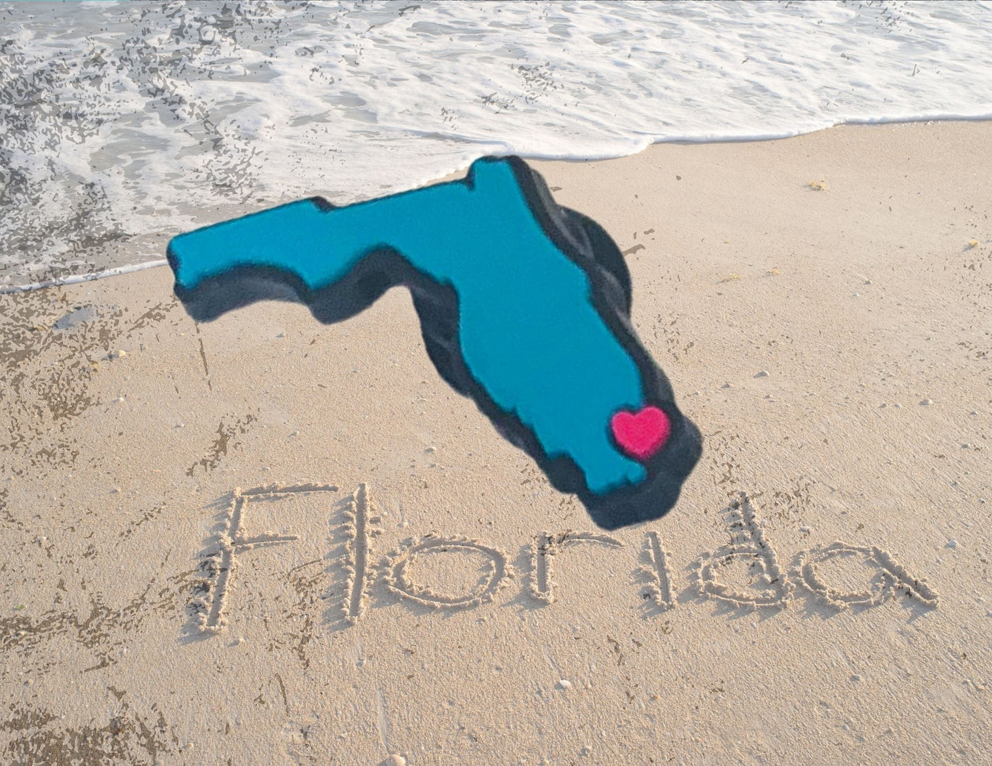 Malcontents I Heart Florida Croc Charm/Jibbitz shows the state of Florida in blue with a pink heart on the Florida coast