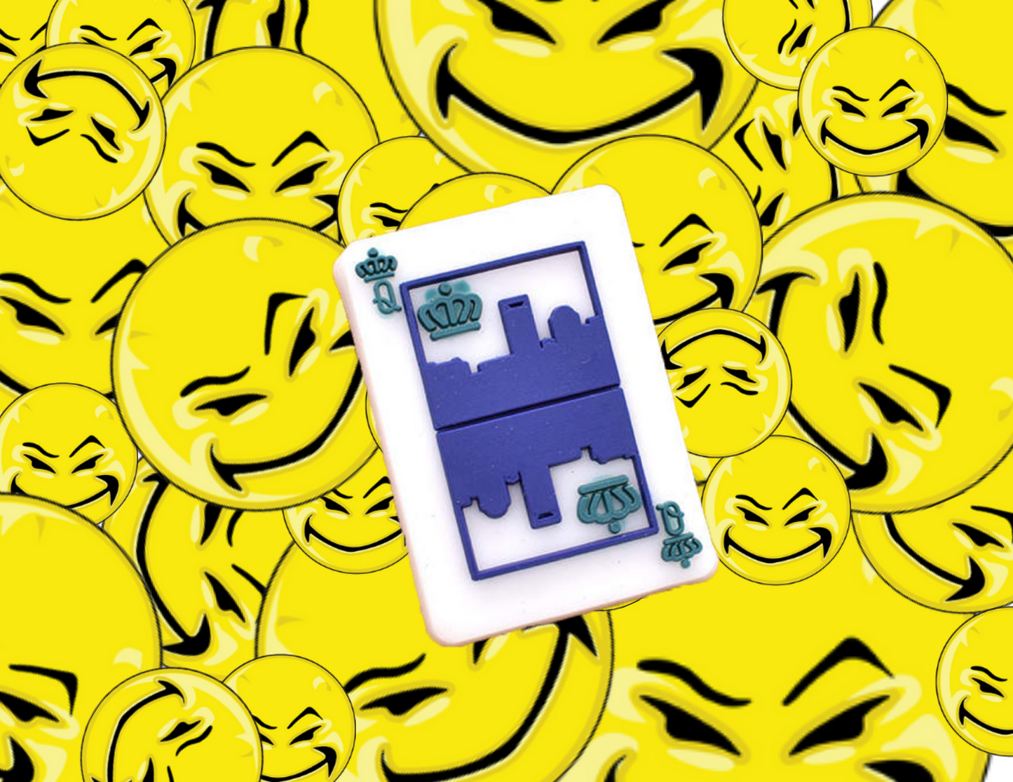 Malcontents Queen City Croc Charm/Jibbitz: Charlotte skyline on Queen playing card in blue and green in front of Malcontents smilies background