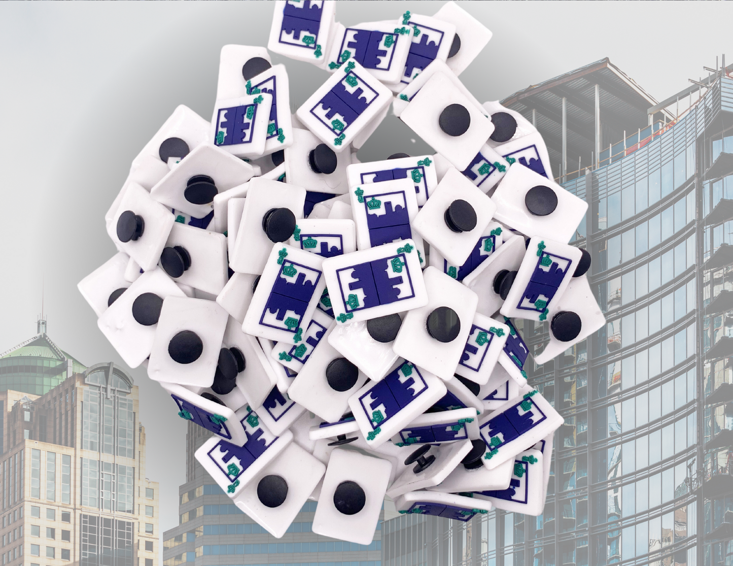 Malcontents Queen City Croc Charm/Jibbitz: Charlotte skyline on Queen playing card in blue and green in front of Charlotte buildings background
