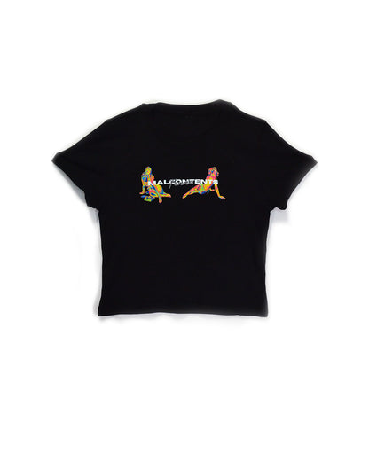 Black T-shirt with colorful text and images of two illustrated figures. The word "MALCONTENT" is displayed across the chest.