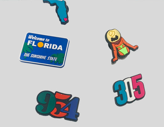 Malcontents Croc Charms/Jibbitz: Five of our best sellers from Florida- Welcome to FL, Beach Babe, 954, 305, and I Heart Florida.