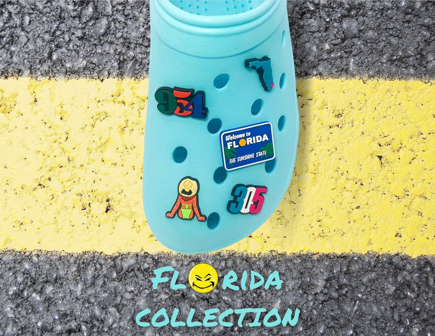 Malcontents Croc Charms/Jibbitz: Five of our best sellers from Florida- Welcome to FL, Beach Babe, 954, 305, and I Heart Florida on a blue Croc