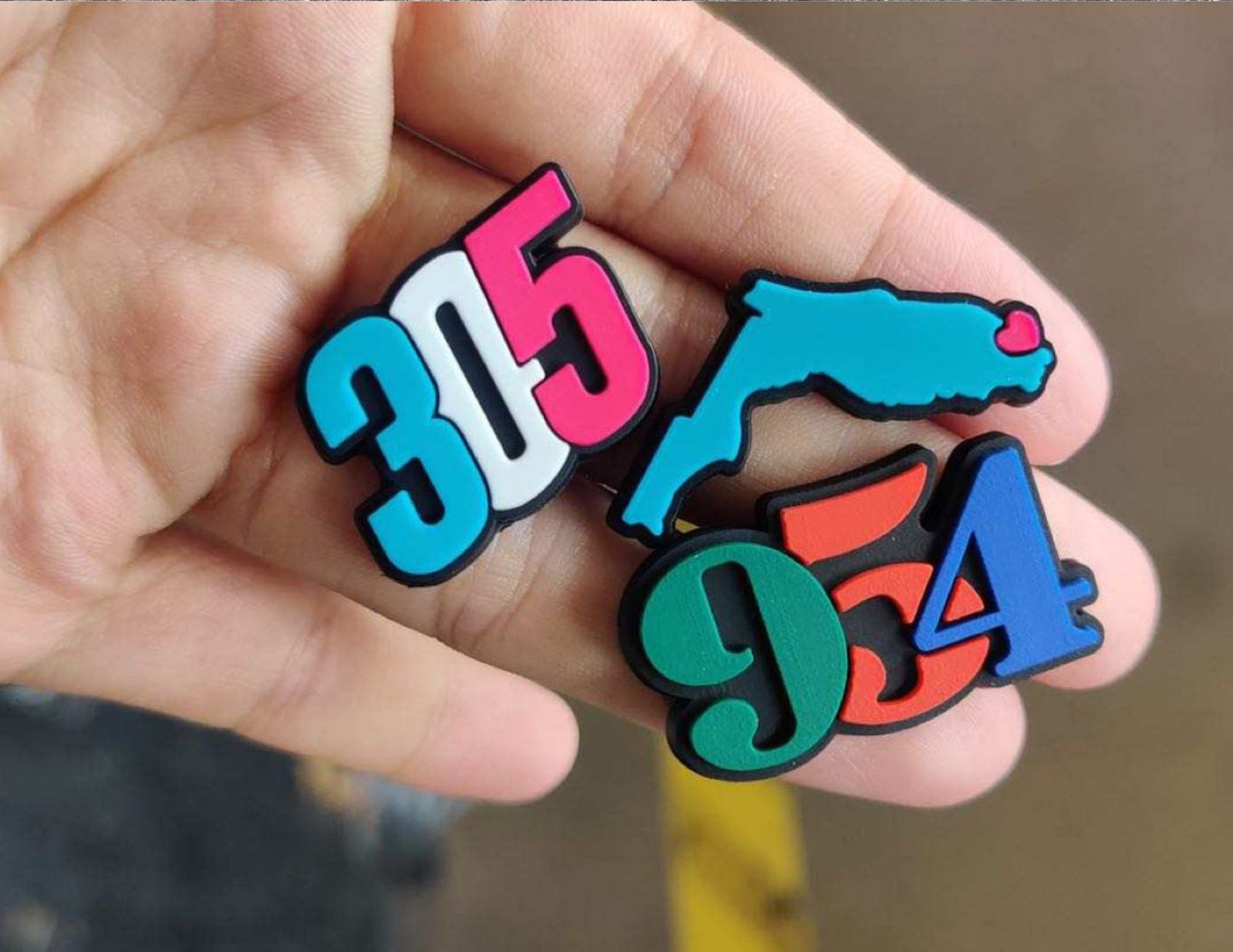 Malcontents Croc Charms/Jibbitz: Five of our best sellers from Florida- 954, 305, and I Heart Florida in the palm of a hand
