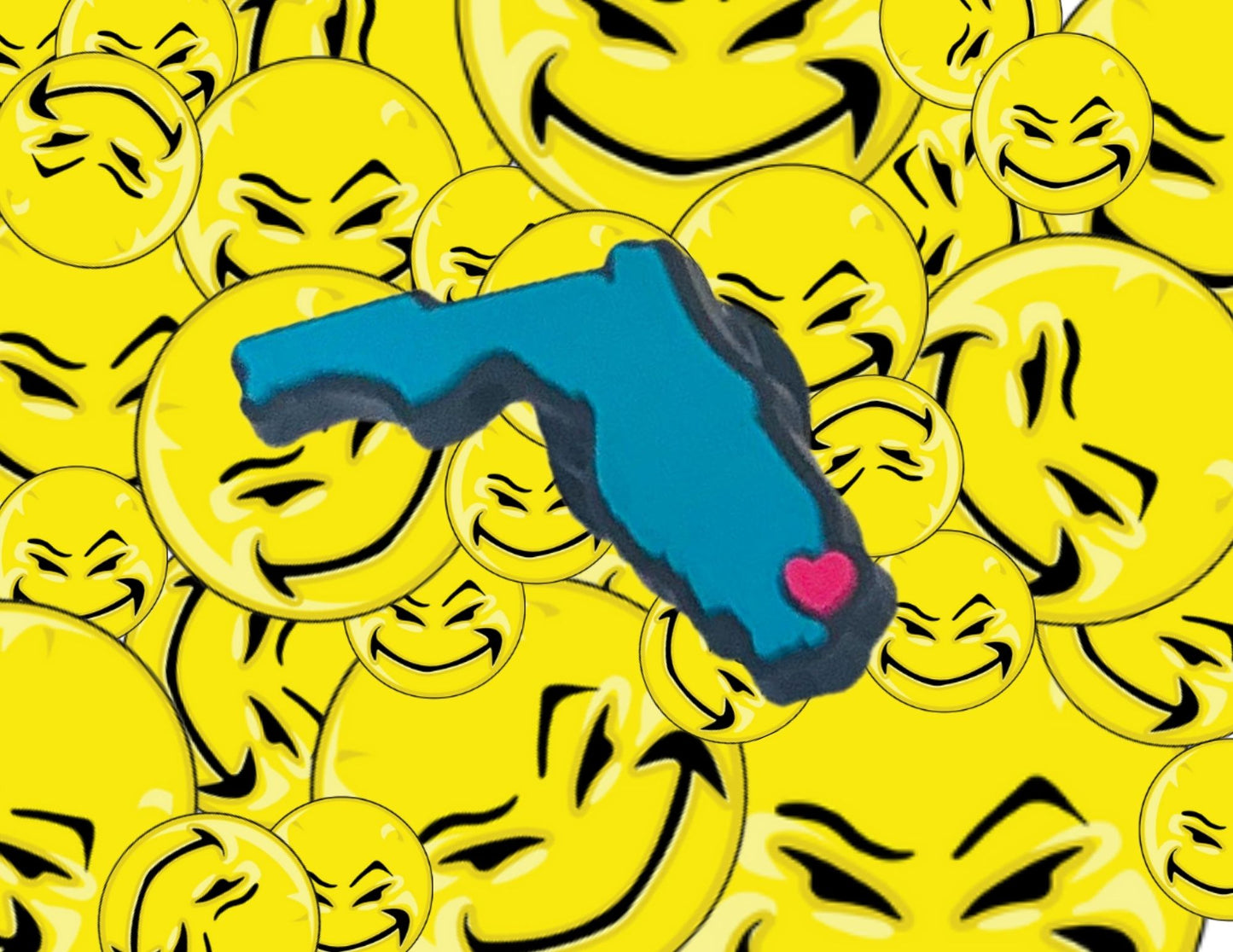 Malcontents I Heart Florida Croc Charm/Jibbitz shows the state of Florida in blue with a pink heart in front of Malcontents smilies