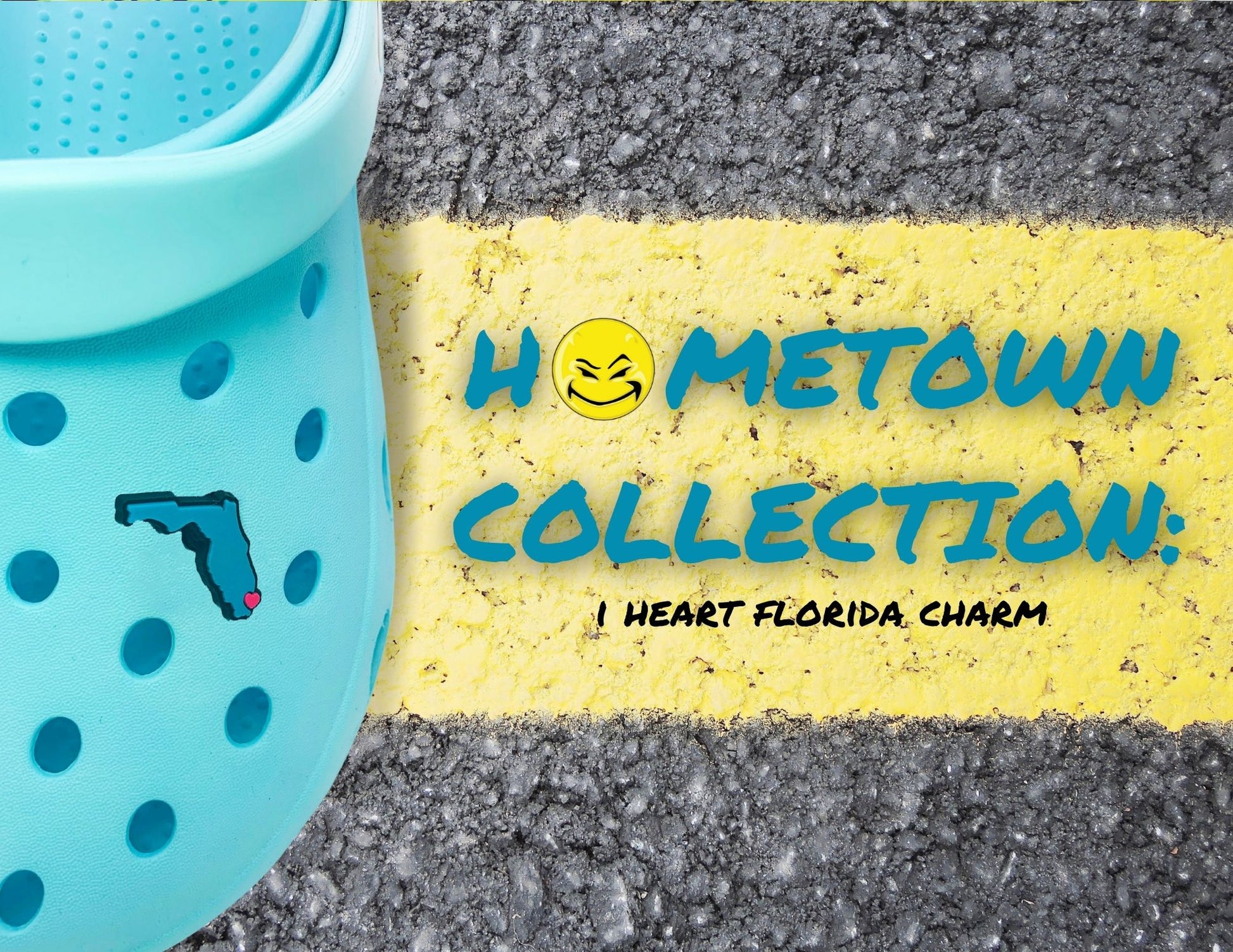Malcontents I Heart Florida Croc Charm/Jibbitz shows the state of Florida in blue with a pink heart on Blue Croc on the street