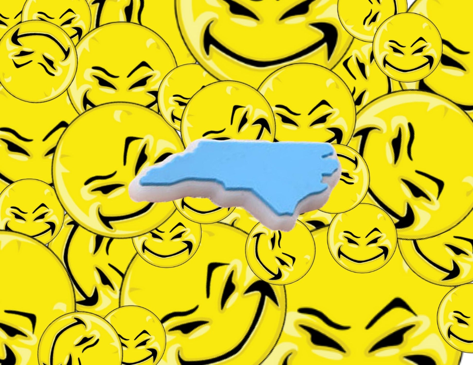 Malcontents North Carolina state Croc charm/Jibbitz: the shape of North Carolina in Carolina blue in front of Malcontents smilies background