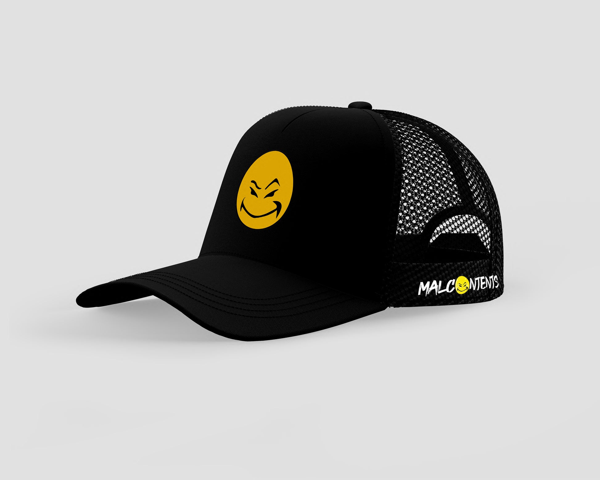 Malcontents Smiley Trucker Hat: Black trucker, mesh back, Malcontents smiley on front, Malcontents logo on side